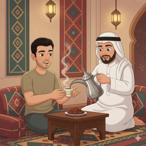 2D illustration of Kerala-born man receiving a tiny Gahwa finjan cup from a Saudi Dallah pot.