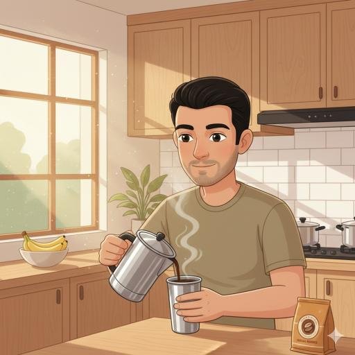 2D illustration of Kerala-born man in a modern home pouring South Indian filter coffee into a steel tumbler.