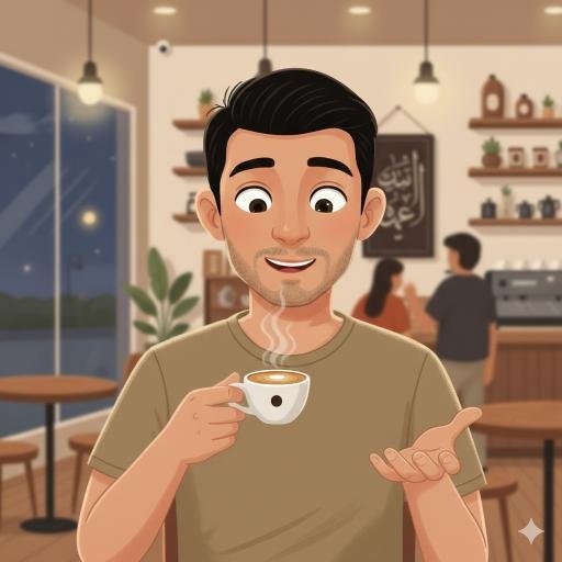 2D illustration of Kerala-born man looking surprised while holding a tiny Macchiato cup in a softly lit Riyadh café.