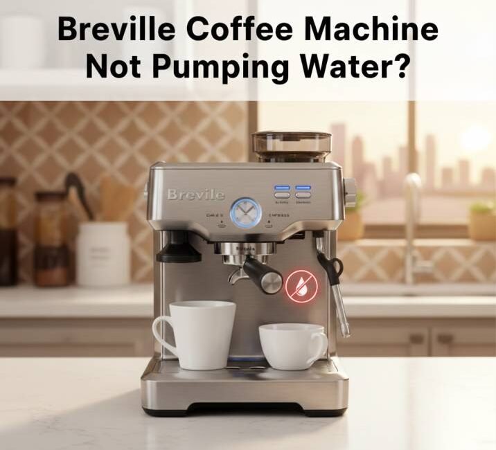 Breville coffee machine not pumping water on a Saudi kitchen counter with warning indicator and title text ‘Breville Coffee Machine Not Pumping Water