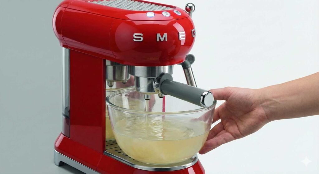 A person's hand holds a glass bowl catching the cloudy yellow descaling solution flushing from a red SMEG espresso machine.