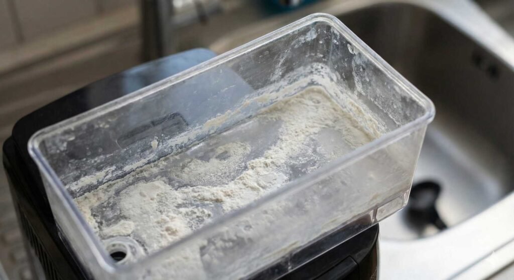 A close-up of a coffee machine's clear water reservoir covered in white, chalky mineral scale deposits