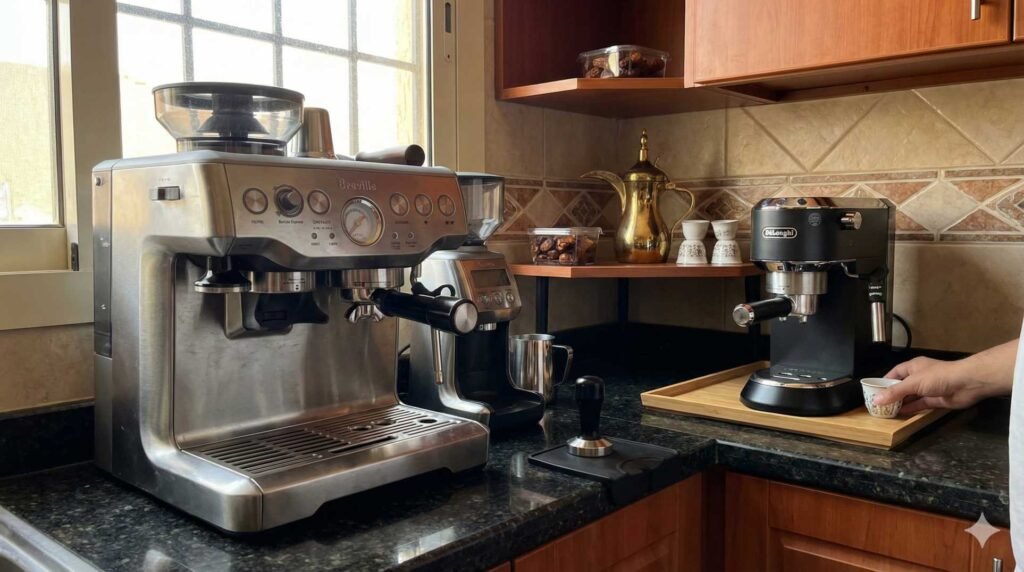Breville and DeLonghi coffee machines placed in a modern Saudi home kitchen for size comparison