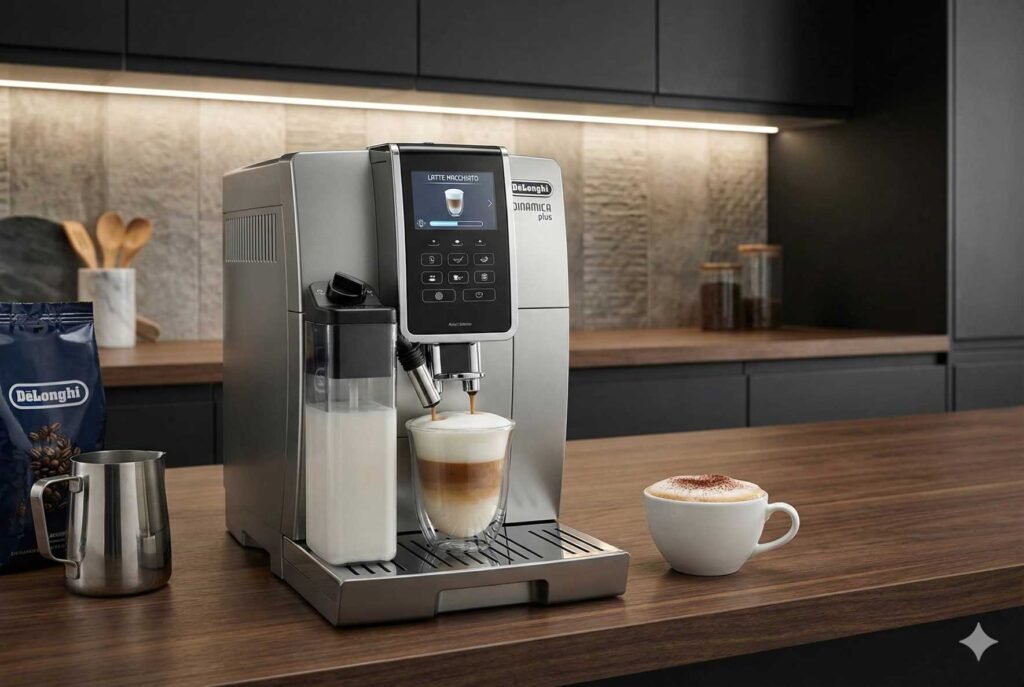 DeLonghi automatic espresso machine with a digital display making cappuccino