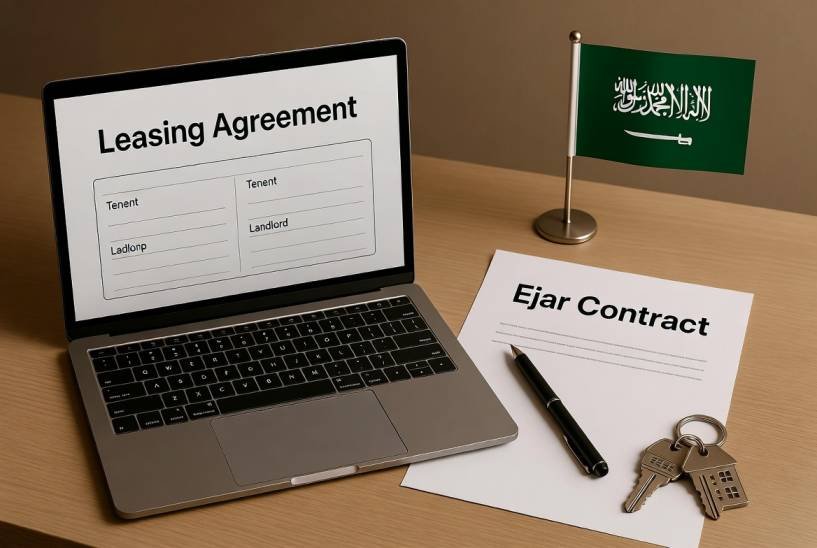 Flat-lay showing a laptop with a digital Ejar lease form and a printed contract paper representing the mandatory leasing process for coffee shops in Saudi Arabia