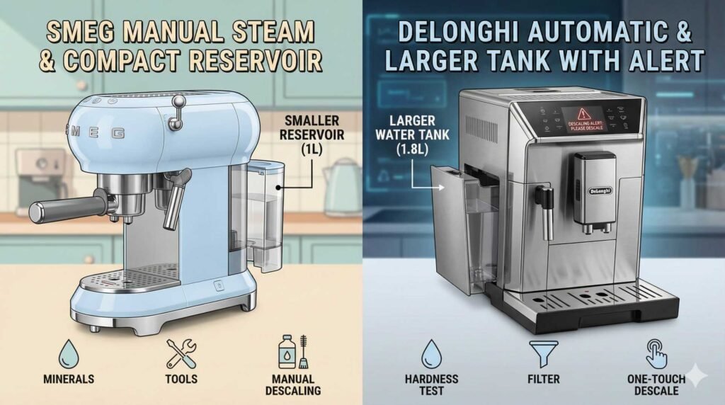 Comparison of SMEG and DeLonghi espresso machines showing water tank and maintenance differences