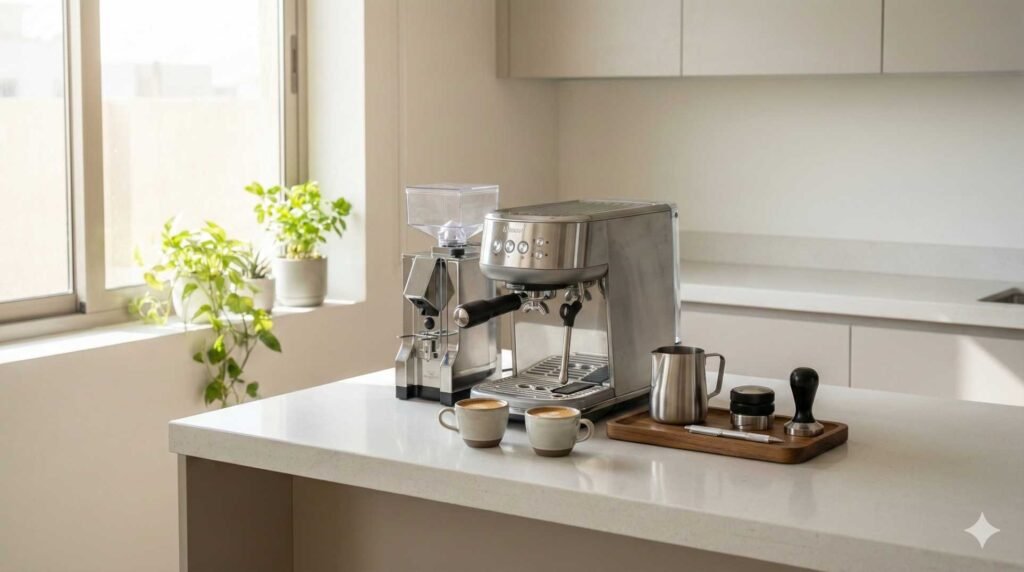 Home espresso setup on a kitchen counter for making cappuccino and latte