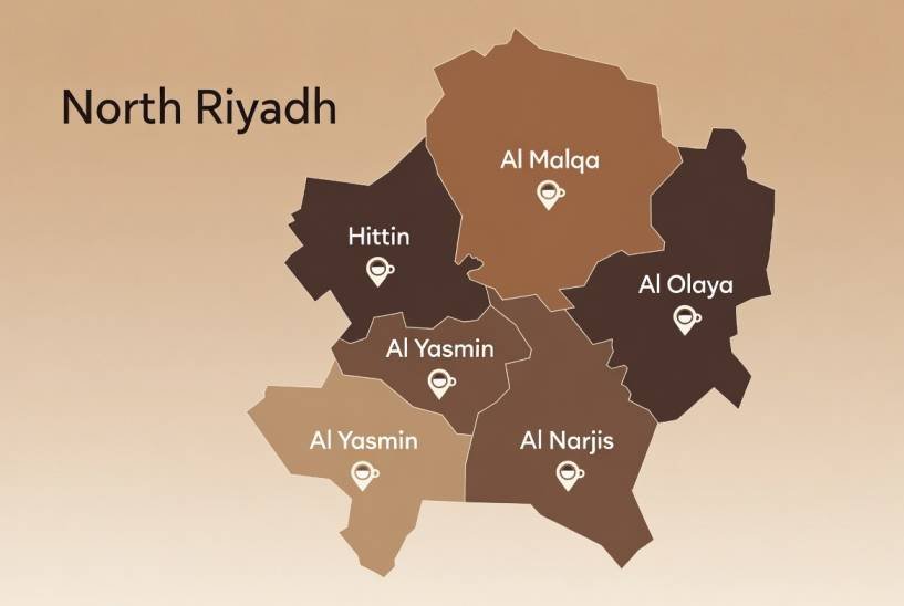 Simplified illustrated map of Riyadh highlighting key districts for coffee shops including Hittin, Al Malqa, Al Yasmin, Al Narjis, and Al Olaya