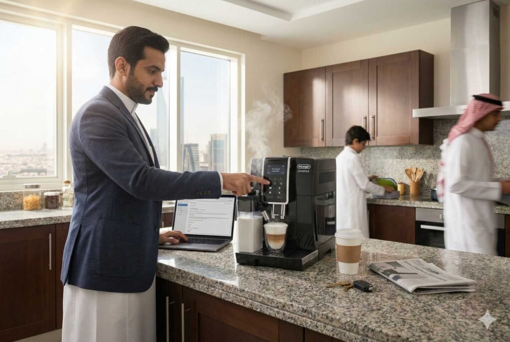 Busy Saudi professional preparing coffee with a DeLonghi machine during morning routine