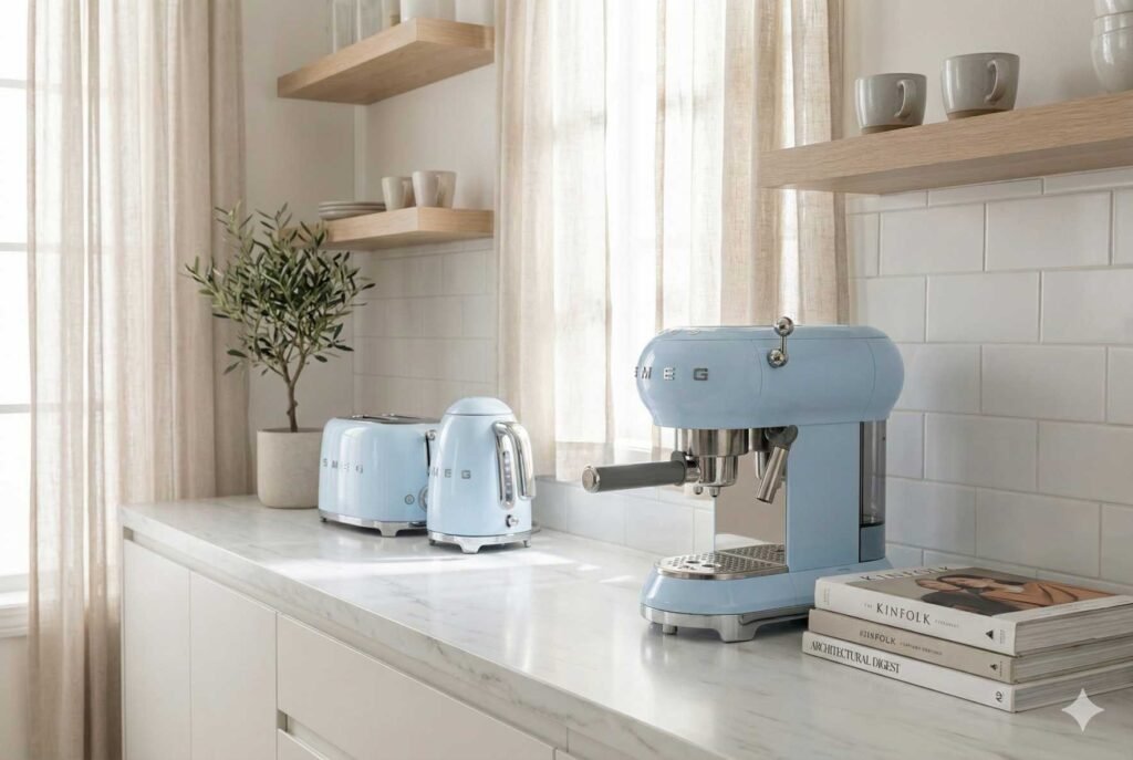 Retro SMEG espresso machine in a modern Saudi kitchen with pastel colors