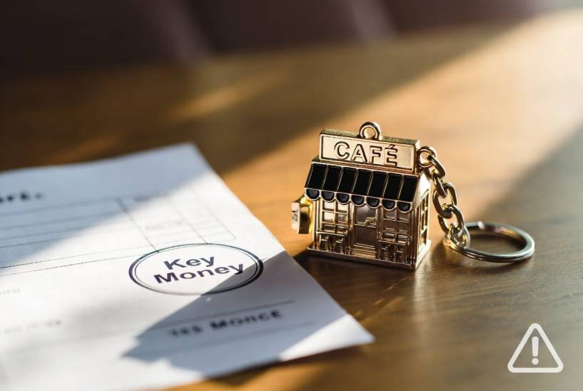 Close-up of a café keychain beside a stamped invoice symbolizing key money or “Taqbeel” risks when taking over an existing coffee shop location in Saudi Arabia